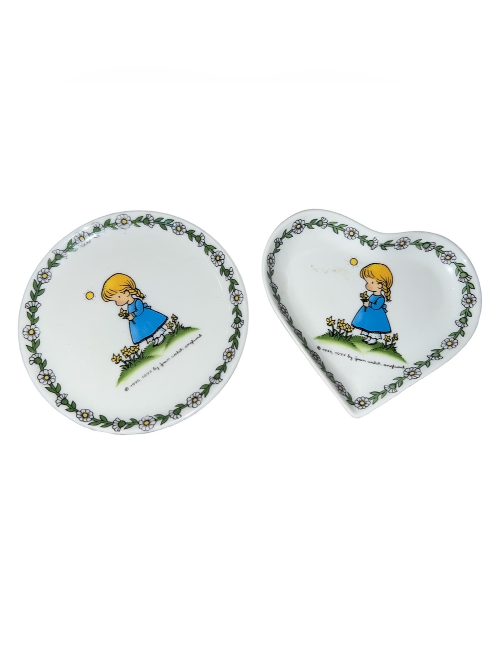 Joan Walsh Anglund W Germany 4"Heart Trinket Dish & Mini Plate Girl With Flowers